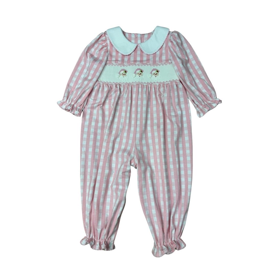 Pink Check Smocked Santa Long Romper