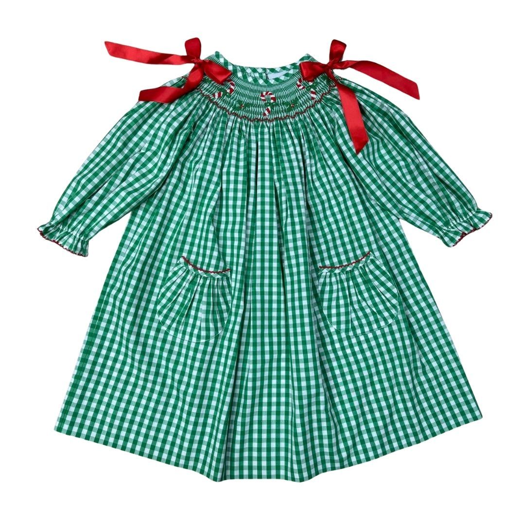 Green Check Smocked Bishop Candy Cane Dress