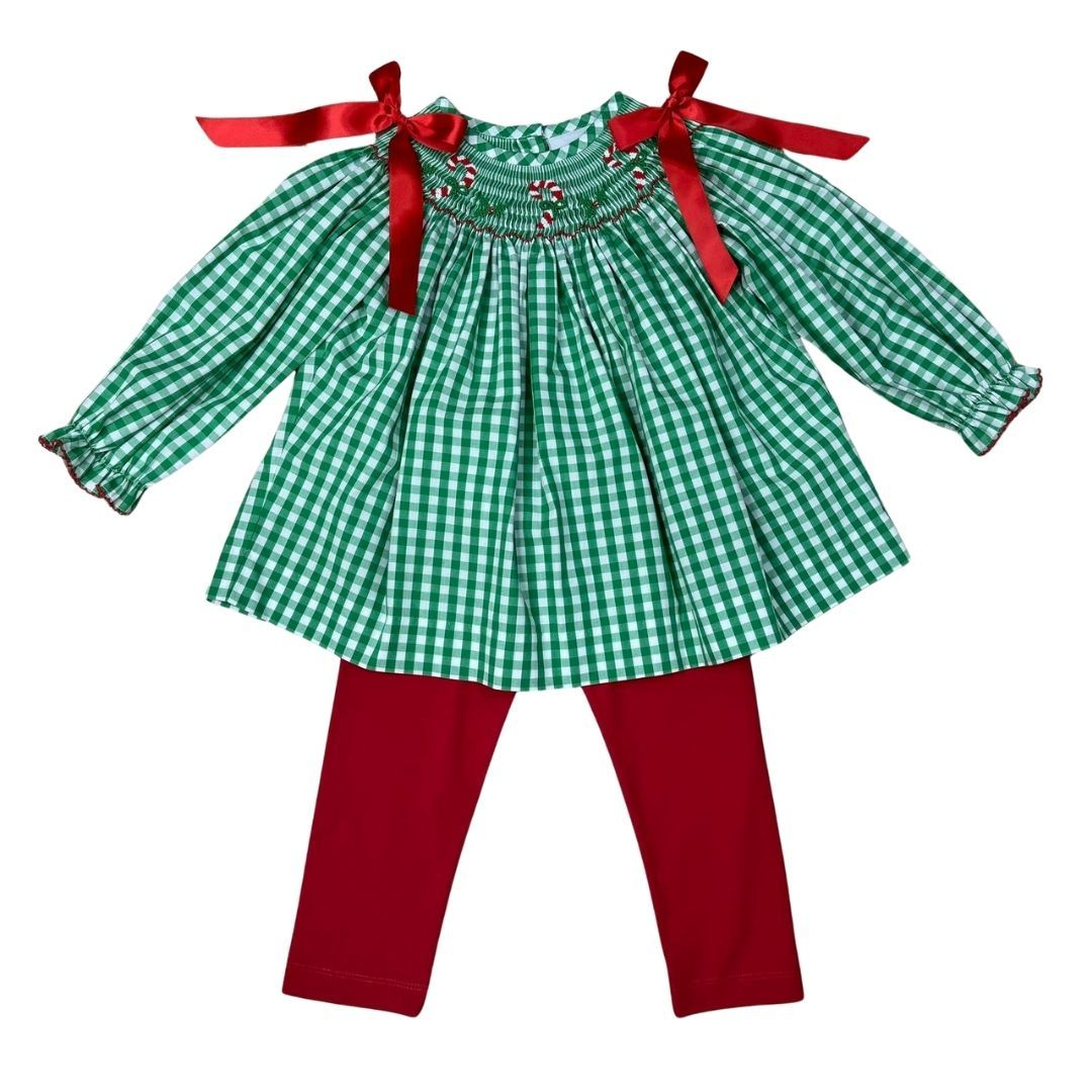 Green Check Smocked Bishop Pant Set - Candy Cane