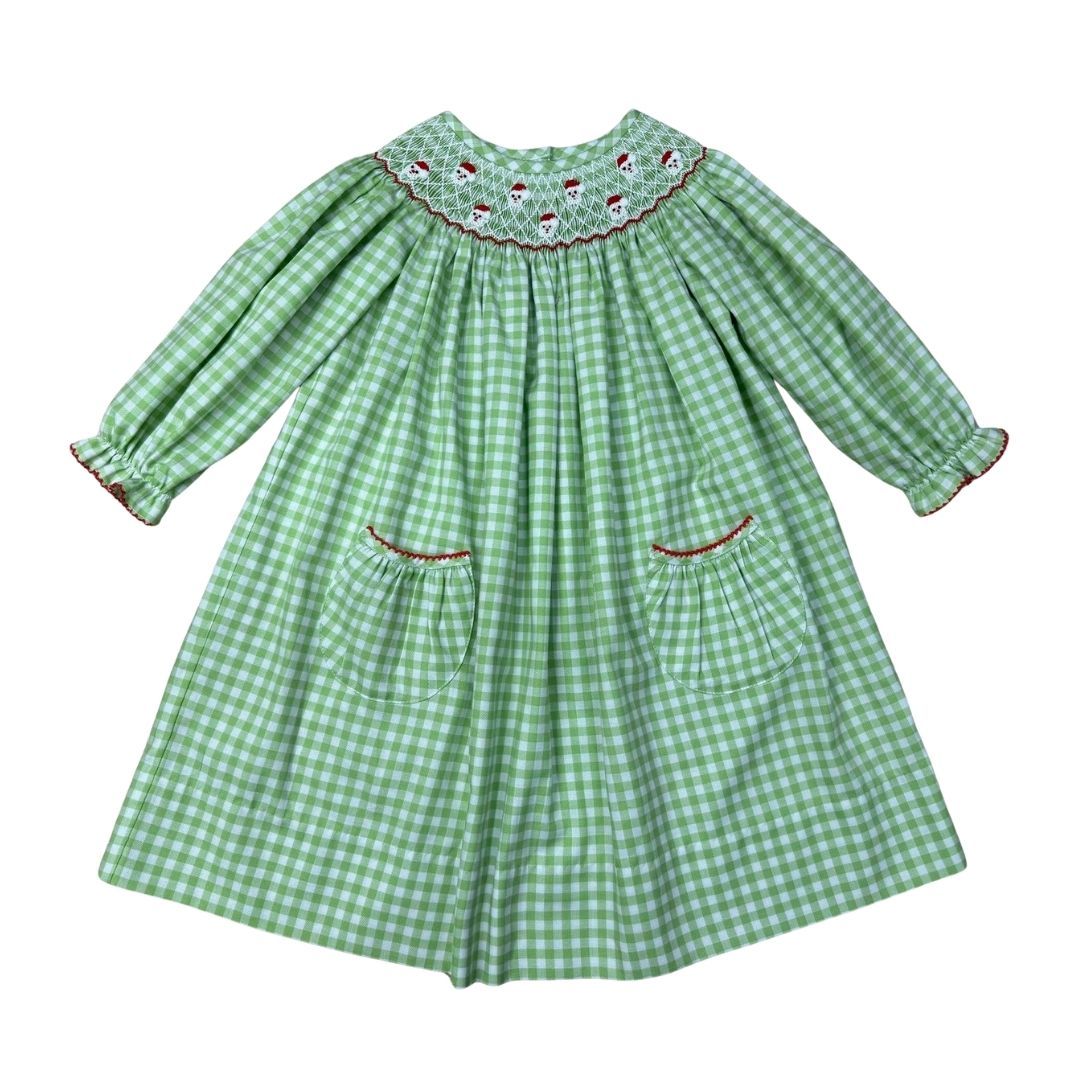 Green Check Smocked Santa Bishop Dress