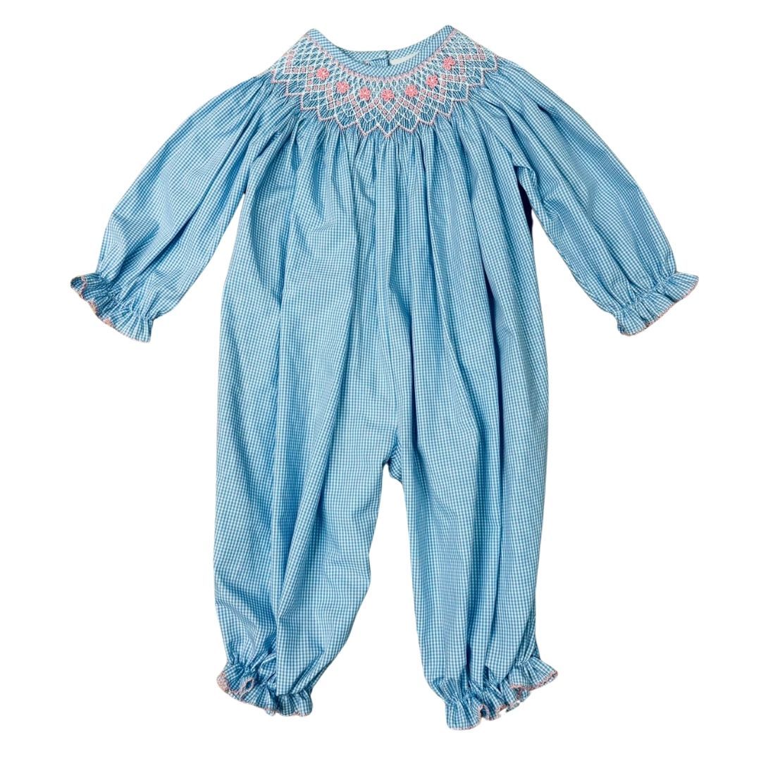 Blue Gingham Smocked Bishop Romper - Tiny Flowers