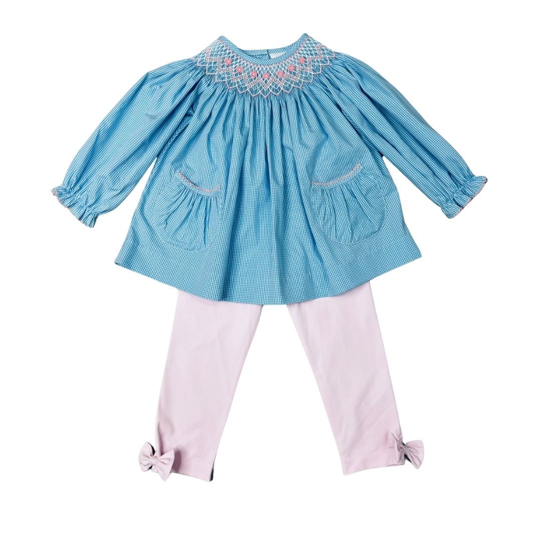 Blue Gingham Smocked Bishop Legging Set - Tiny Flowers