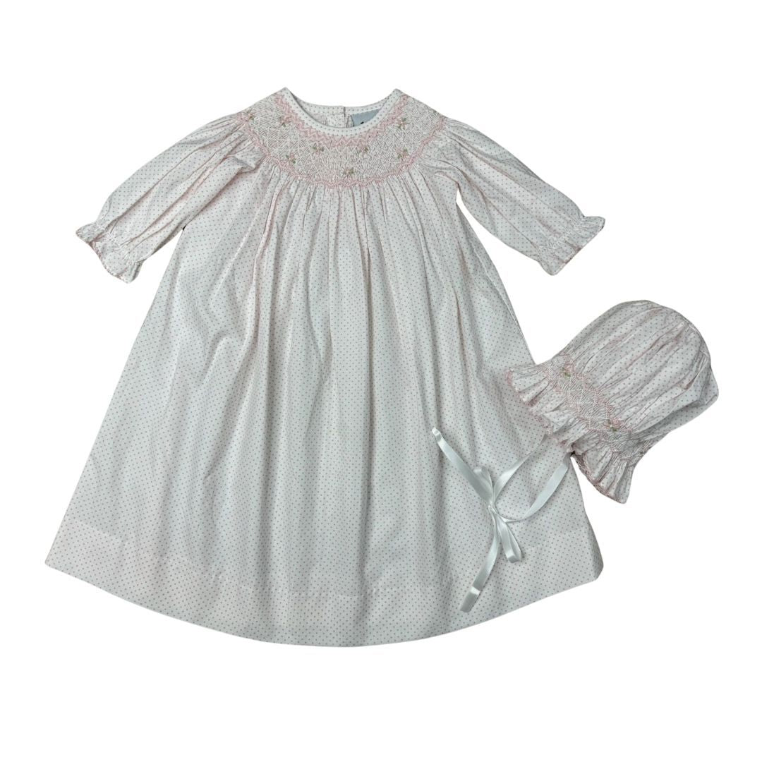 Smocked Long Sleeve Daygown & Bonnet - Mini Pink Dot Geo Floral