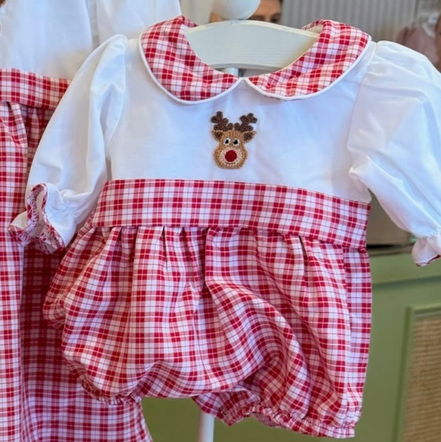 Embroidered Girl Bubble - Red Plaid w/ Rudolph