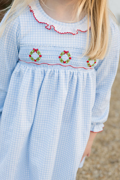 Sara Dress - Blue Smocked Wreath