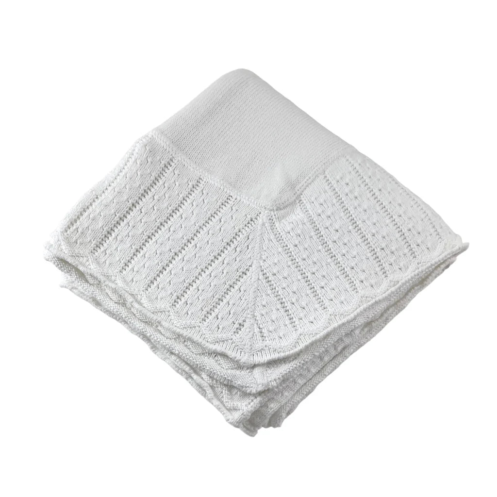 Pointelle Border Cotton Jersey Blanket - White