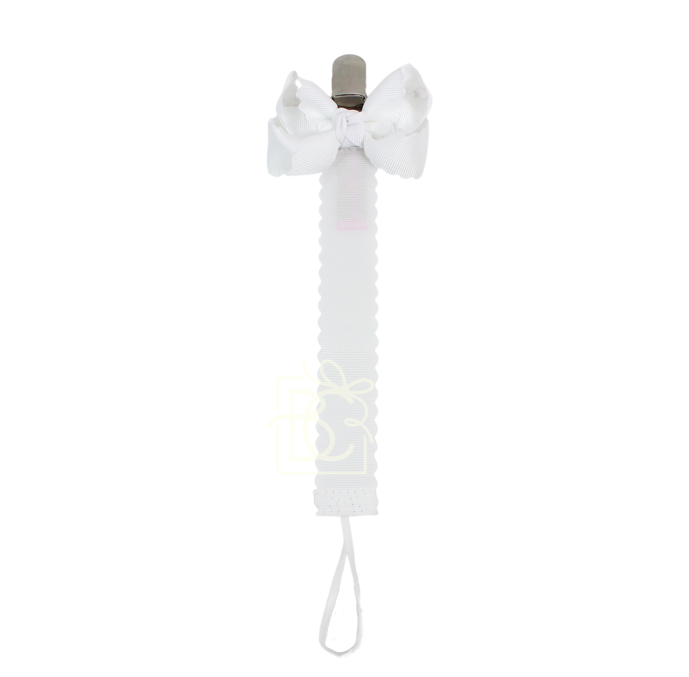 Scalloped Grosgrain Pacifier Clip w/ Detachable Bow: Antique White