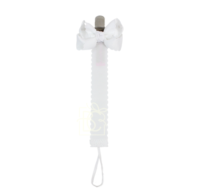 Scalloped Grosgrain Pacifier Clip w/ Detachable Bow: Antique White
