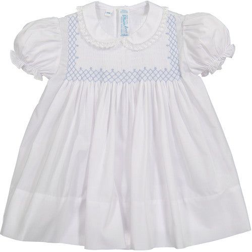 Vintage Smocked Bodice Dress - White/Blue