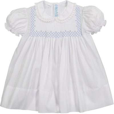 Vintage Smocked Bodice Dress - White/Blue