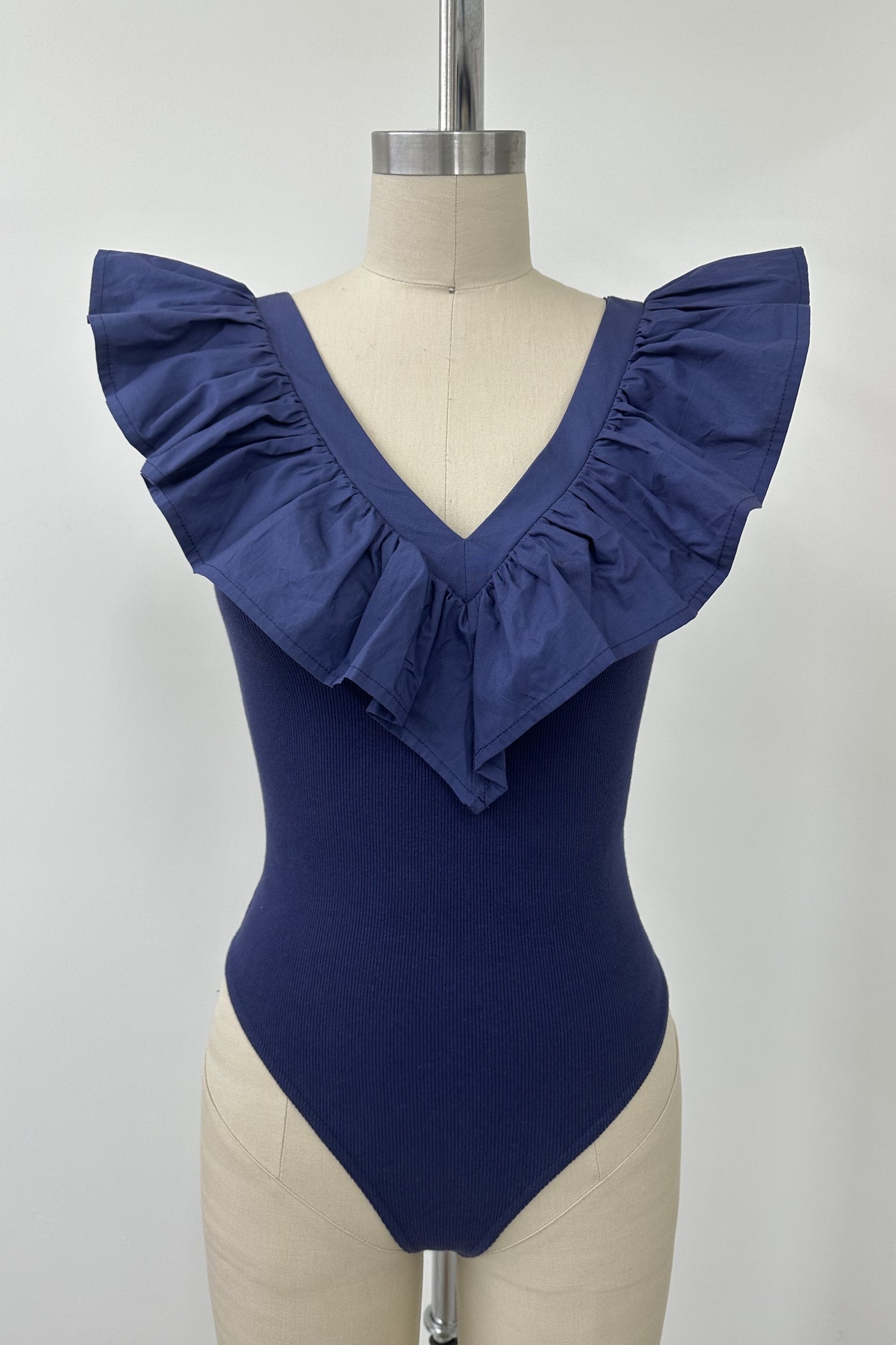 Ruffle V-Neck Bodysuit Navy