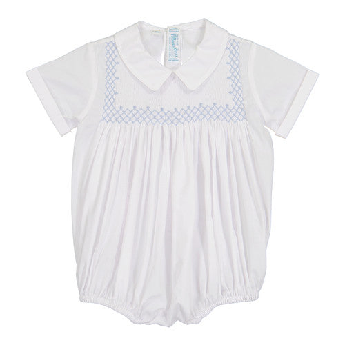 Vintage Smocked Bodice Creeper - White/Blue