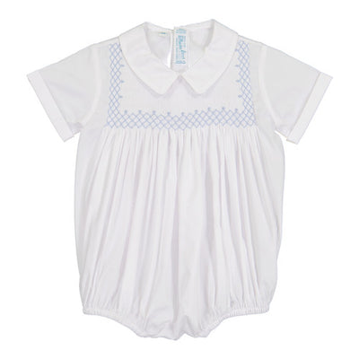 Vintage Smocked Bodice Creeper - White/Blue