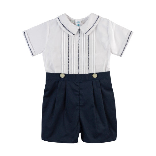 Boy Feather Stitch Bobby Suit - White/Navy
