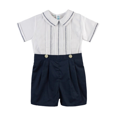 Boy Feather Stitch Bobby Suit - White/Navy
