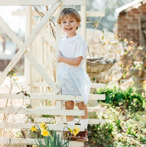 Boy Feather Stitch Bobby Suit - White/Navy