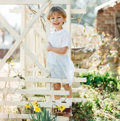 Boy Feather Stitch Bobby Suit - White/Navy
