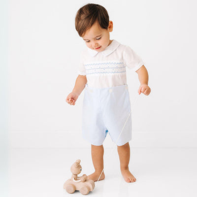 Boy Wave Smocked Bobby Suit - White/Blue