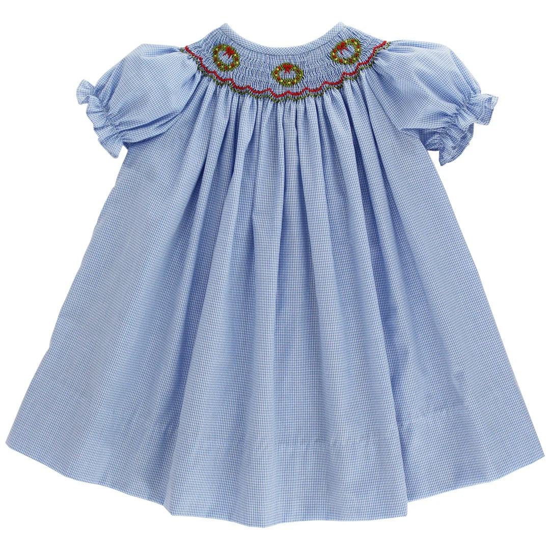 Blue Microcheck Bishop Dress - Wreath