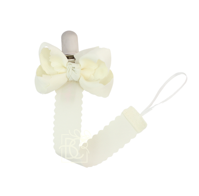 Scalloped Grosgrain Pacifier Clip w/ Detachable Bow: Antique White