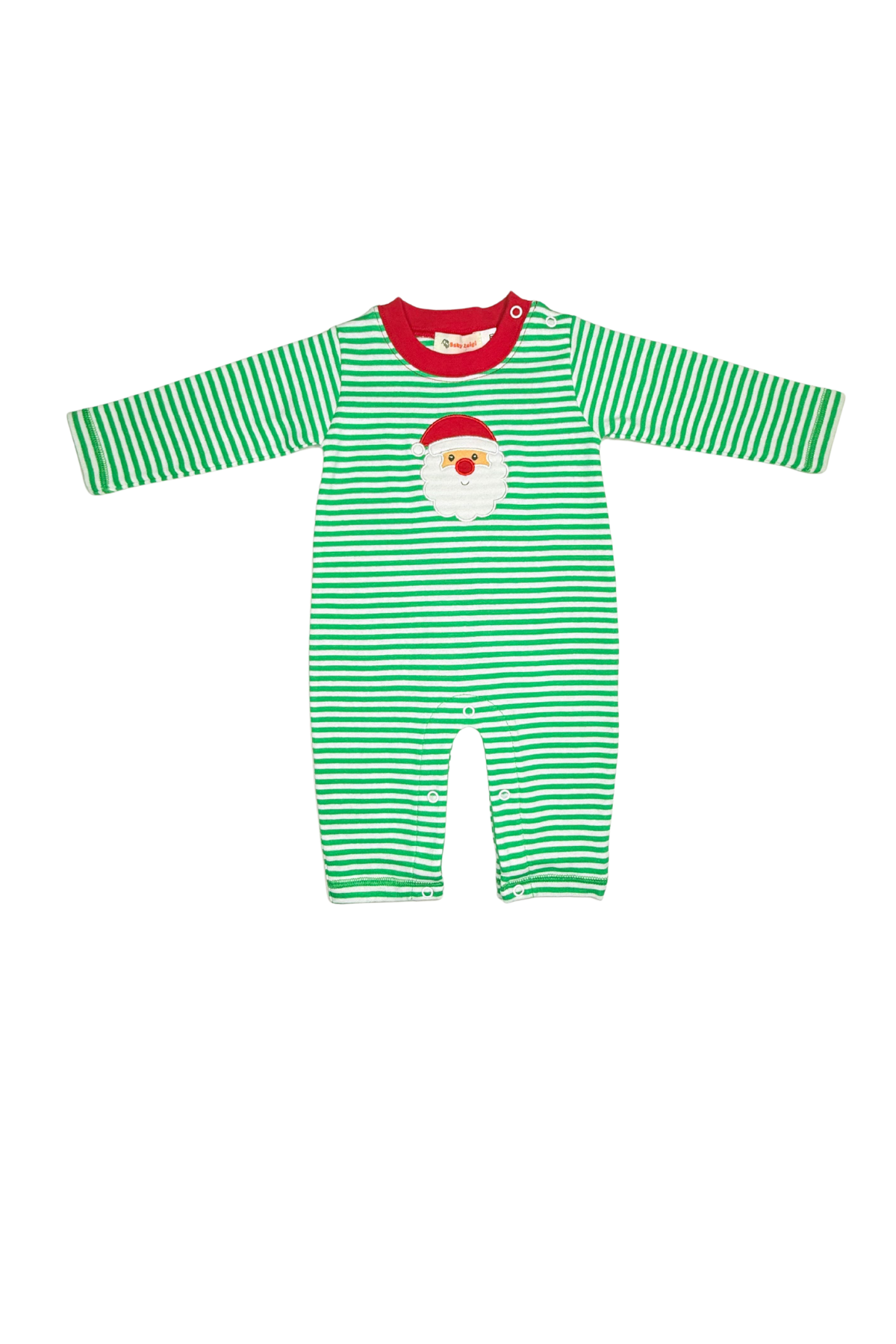 Green Stripe L/S Romper - Santa