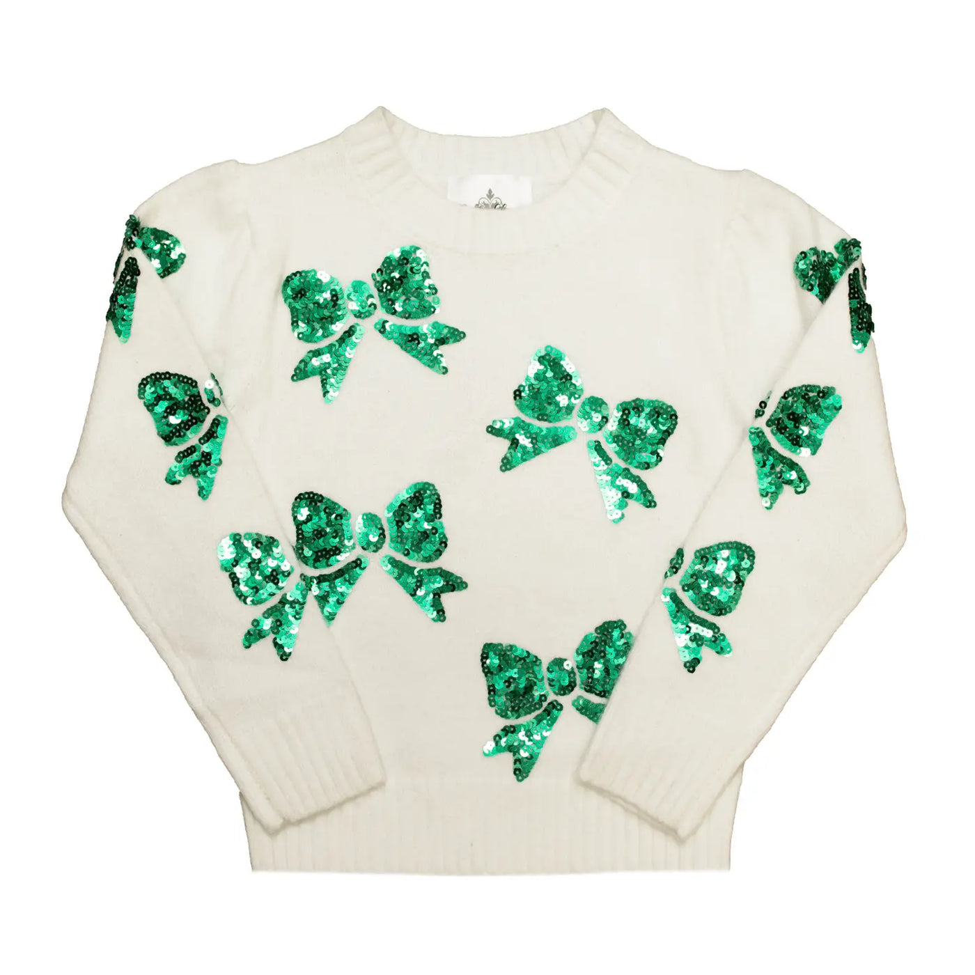 Cream Sweater w/ Green Glitter Bows