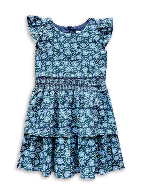 Blue Floral Ruching Dress