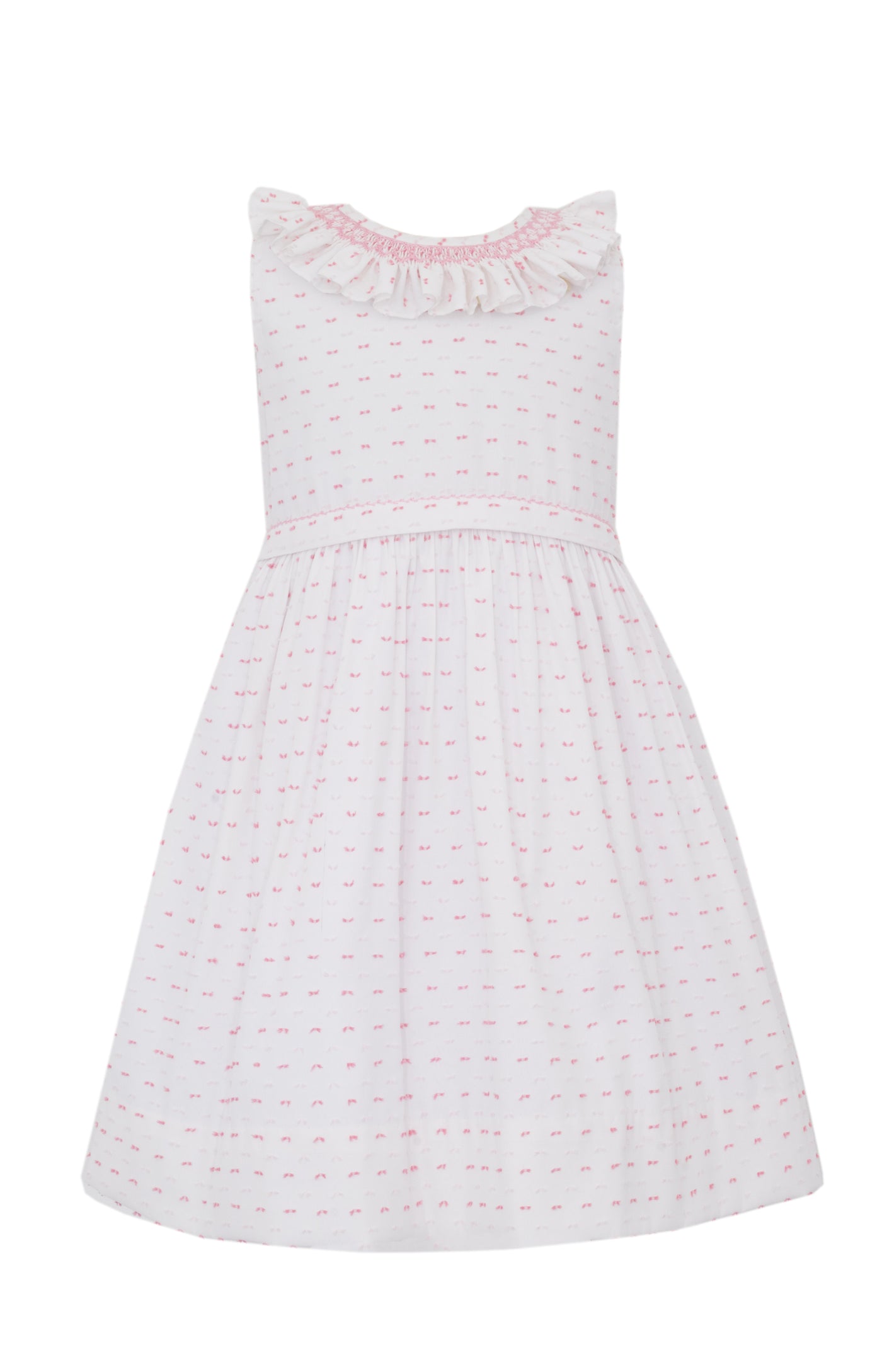 Tatiana Dress w/ Pleated Collar in Pink and White Swiss Dot