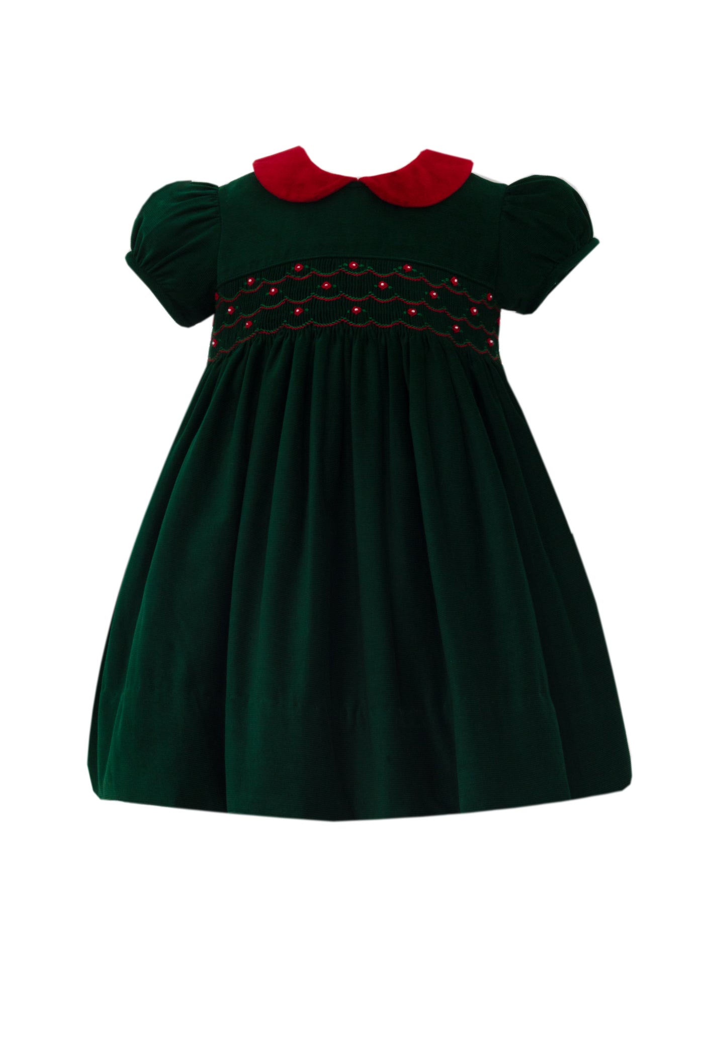Elizabeth Float Dress - Green Corduroy w/ Red Velvet Collar