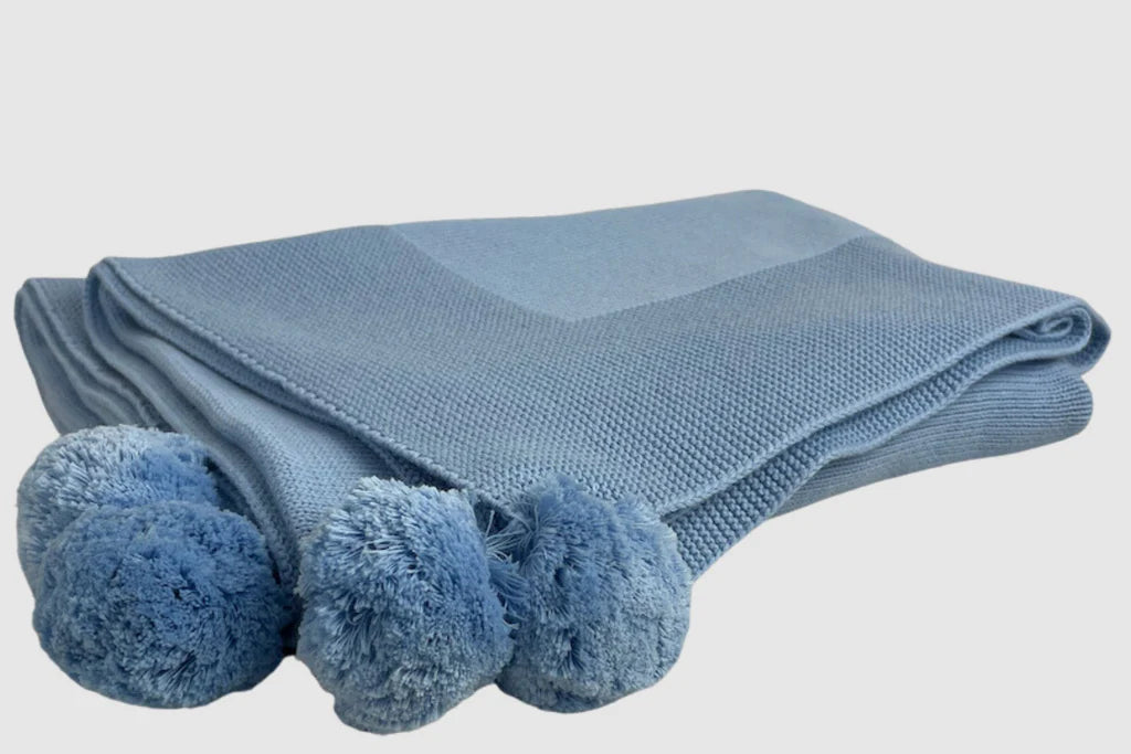 Knit Baby Pom Pom Blanket - Light Blue