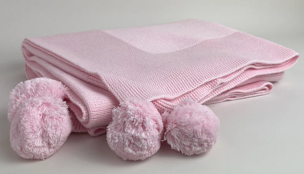 Knit Baby Pom Pom Blanket - Pink