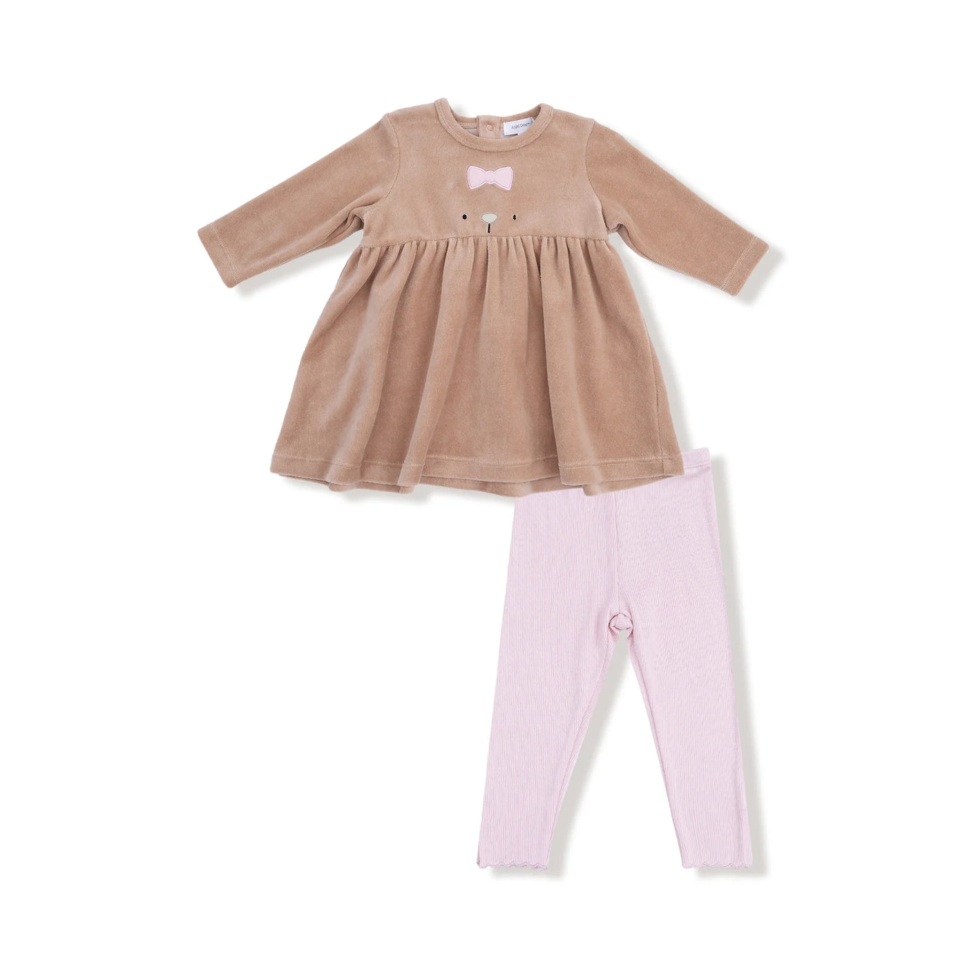 L/S Empire Waist Dress Set - Velour Teddy Bear