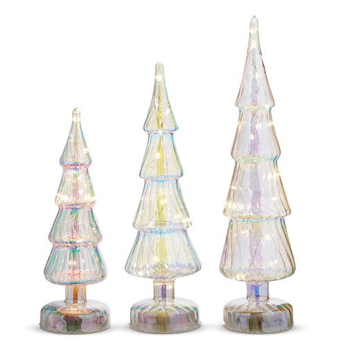 16" Lighted White Iridescent Glass Trees