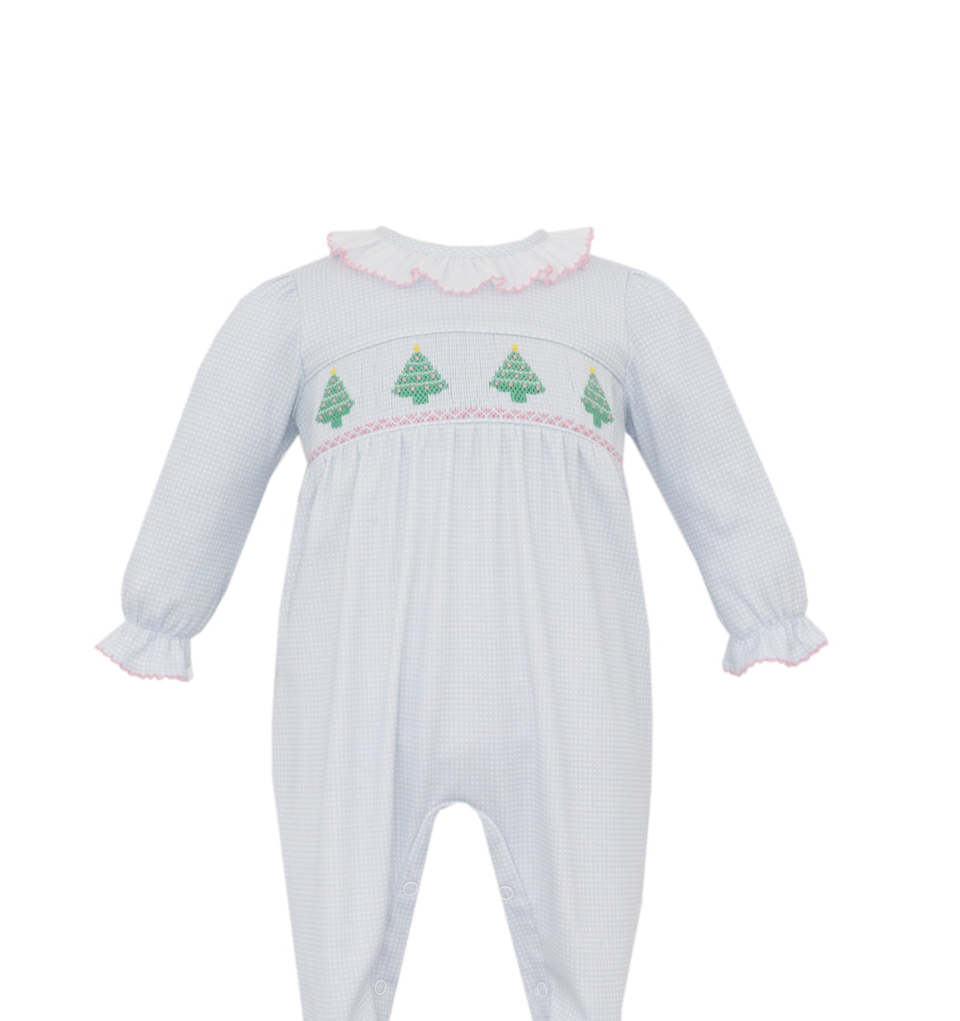Blue Check Girls Knit Long Romper - Christmas Tree