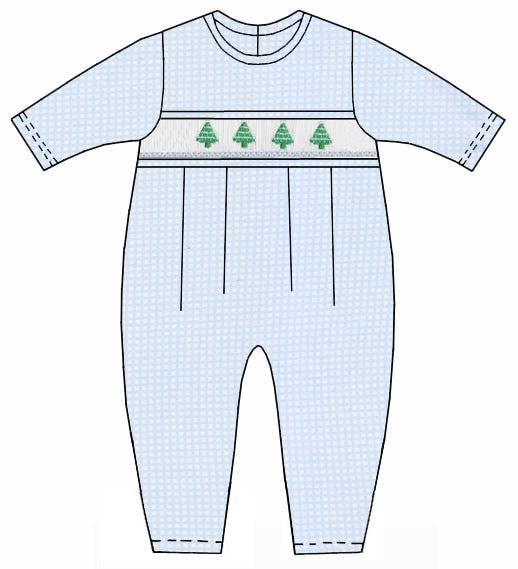 Blue Check Knit Boy Long Romper - Christmas Tree