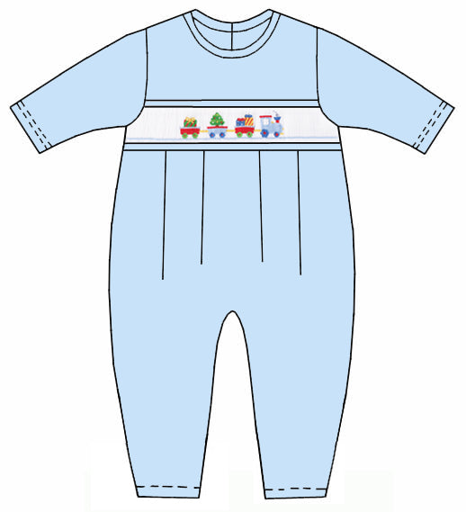 Lt. Blue Knit Boy Long Romper - Christmas Train