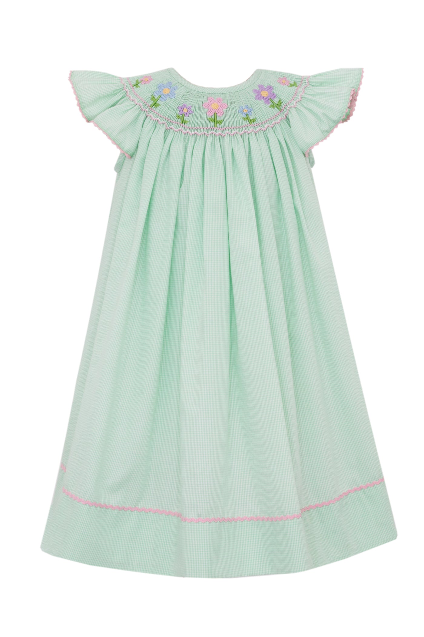 Flowers Bishop Angel Wing Dress in Green Gingham