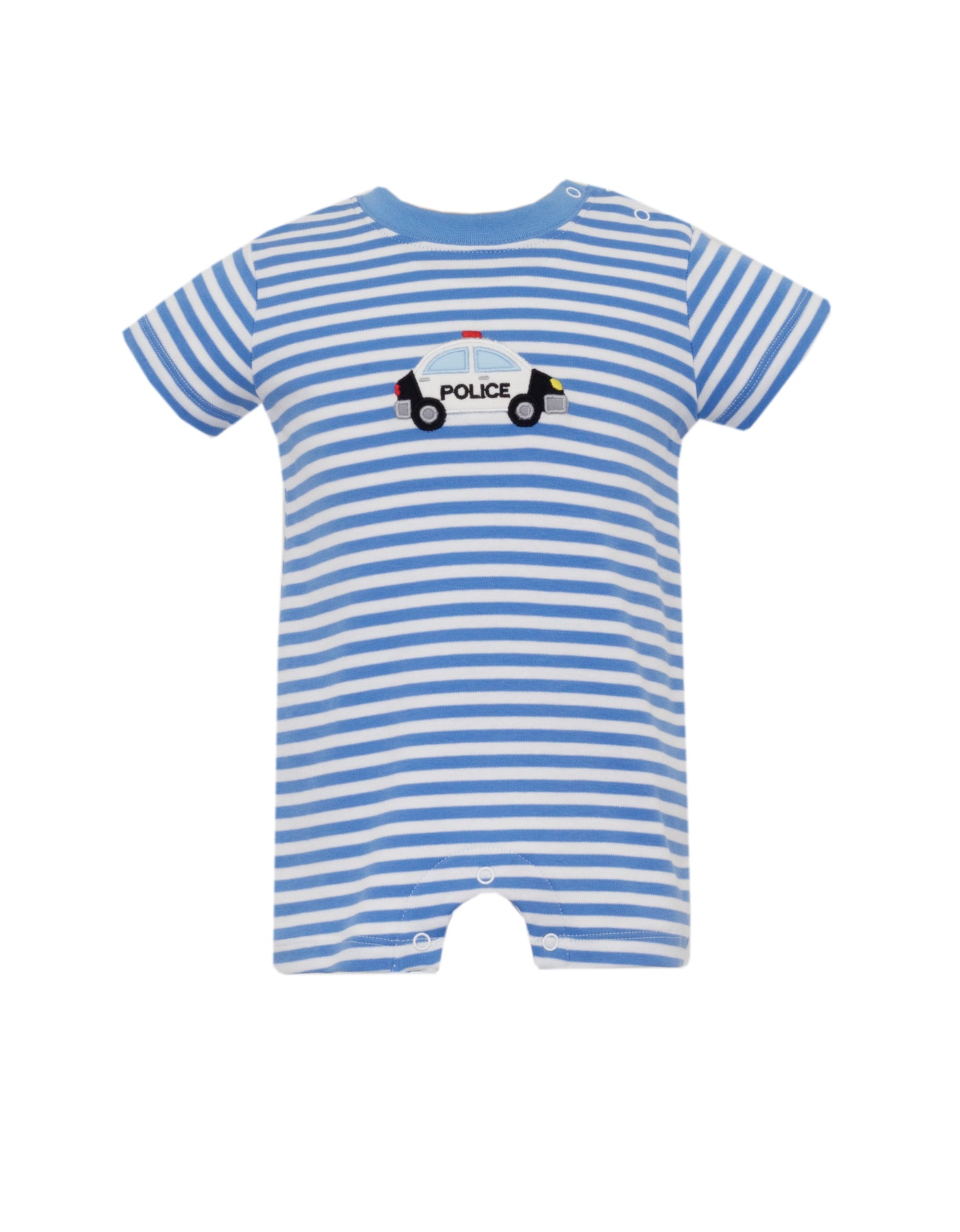 Blue Stripe Boy Short Romper - Police Car