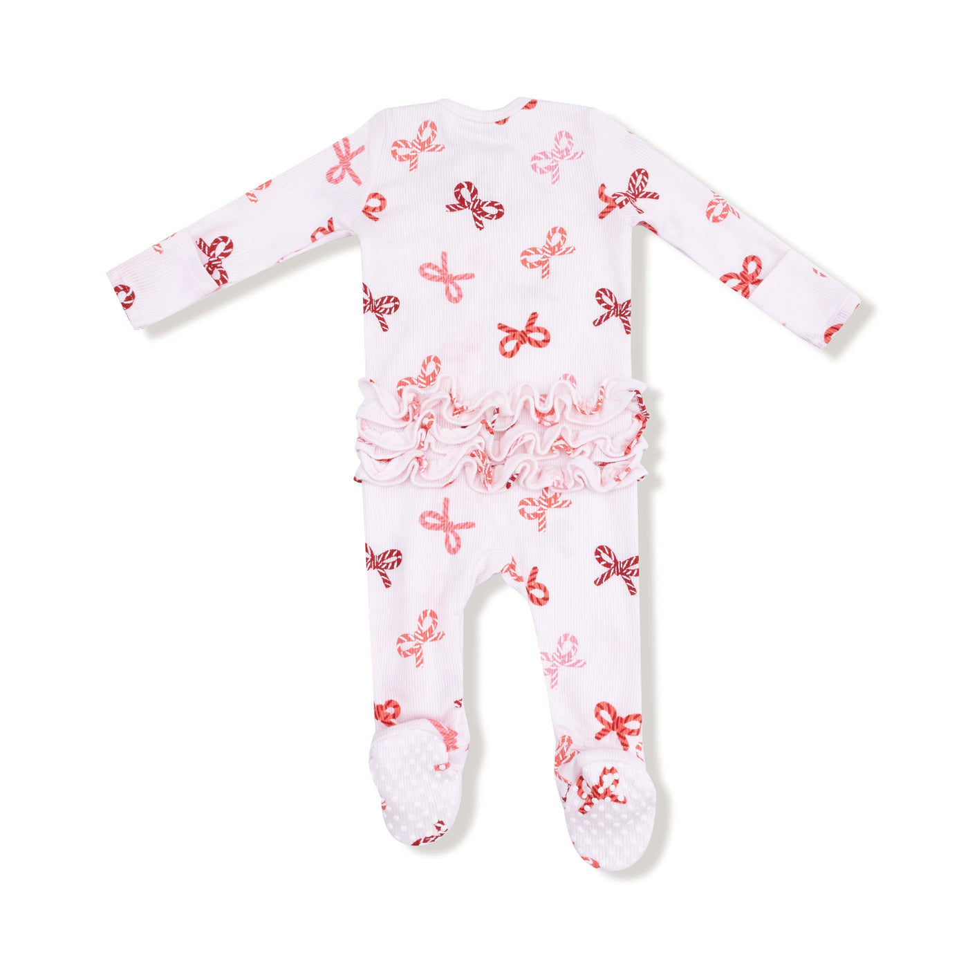 2 Way Zipper Ruffle Footie - Candy Cane Bows