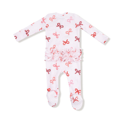 2 Way Zipper Ruffle Footie - Candy Cane Bows