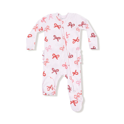 2 Way Zipper Ruffle Footie - Candy Cane Bows