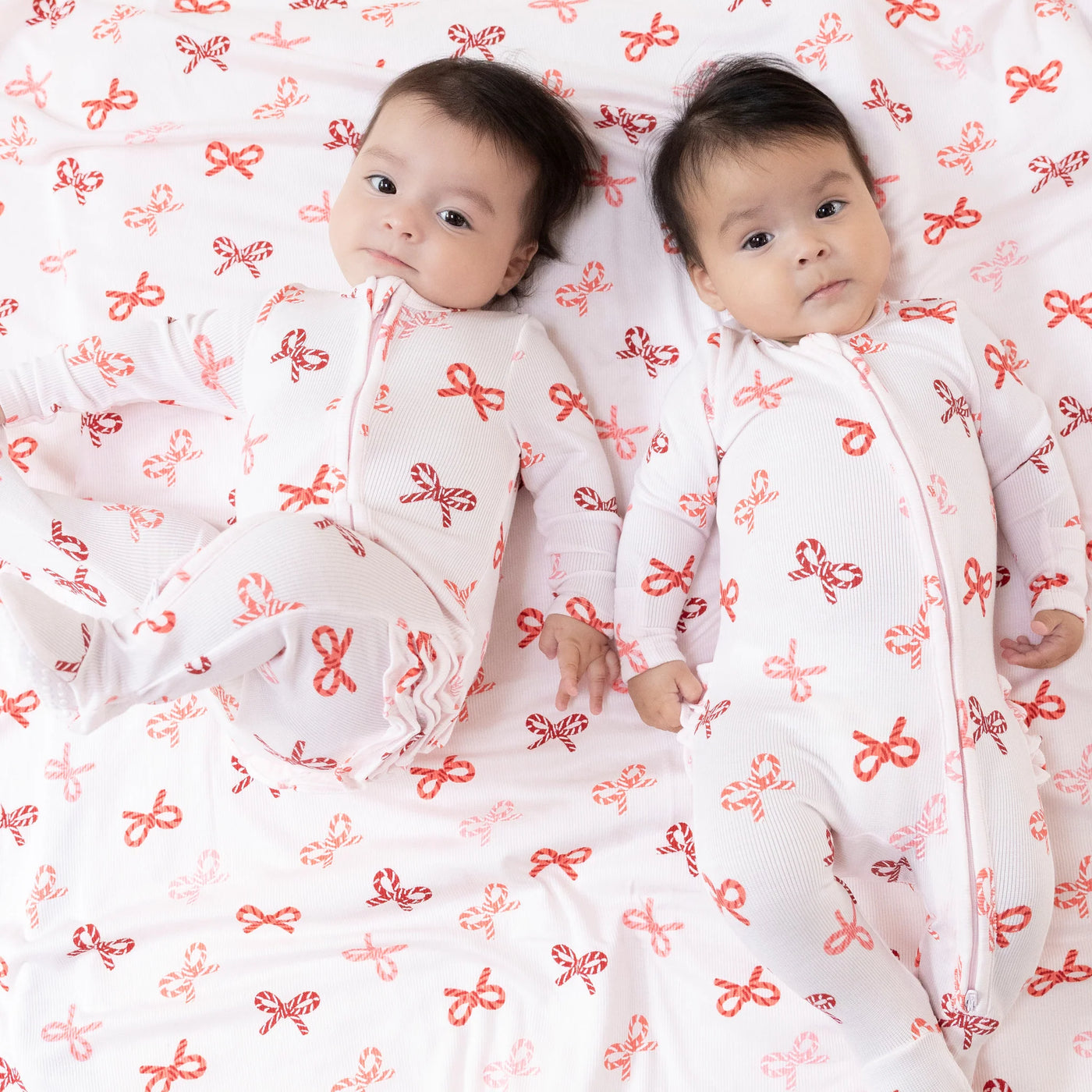 2 Way Zipper Ruffle Footie - Candy Cane Bows