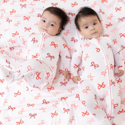 2 Way Zipper Ruffle Footie - Candy Cane Bows