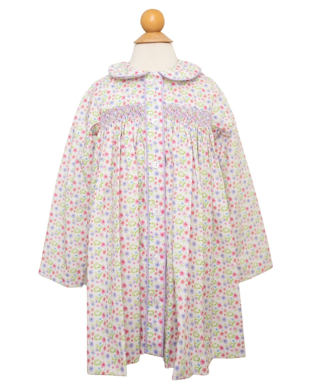 L/S Smock Placket Dress Lavendar Botanical Floral