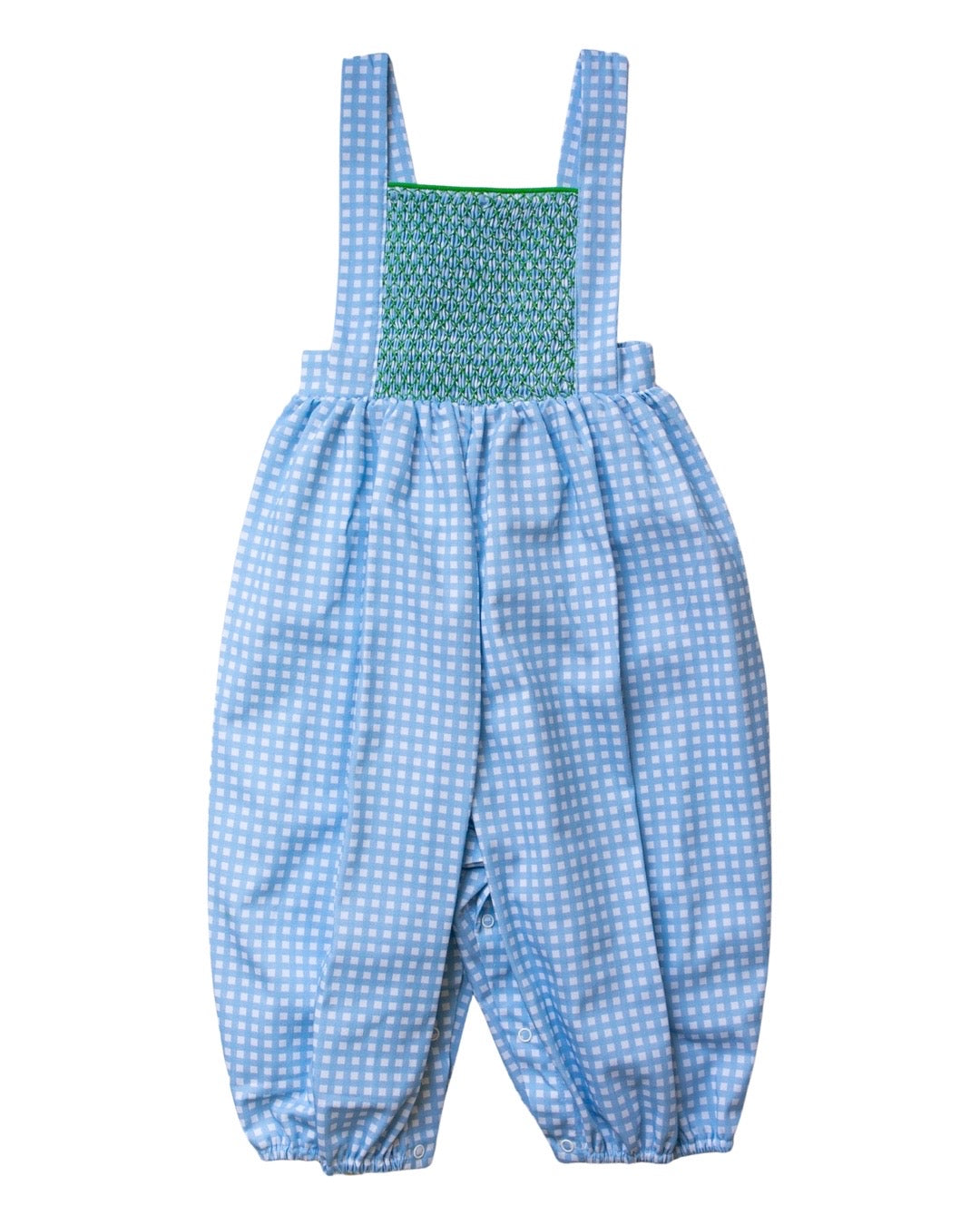 Edward Romper Periwinkle Gingham w/ Green Smock