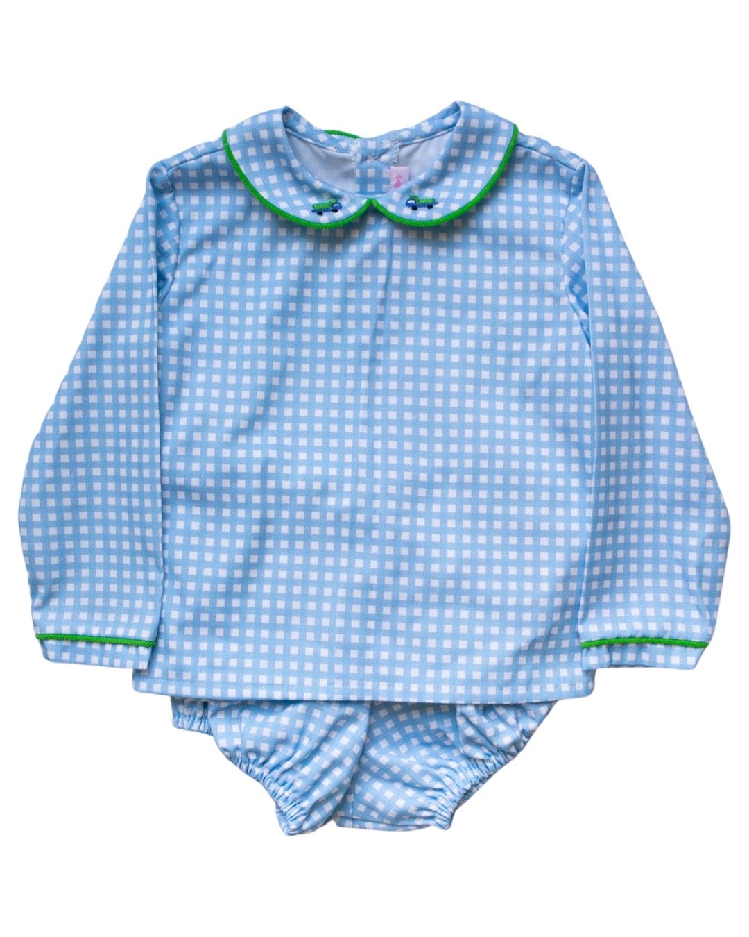 L/S Peter Pan Bloomer Set Periwinkle Gingham w/ Dump Truck