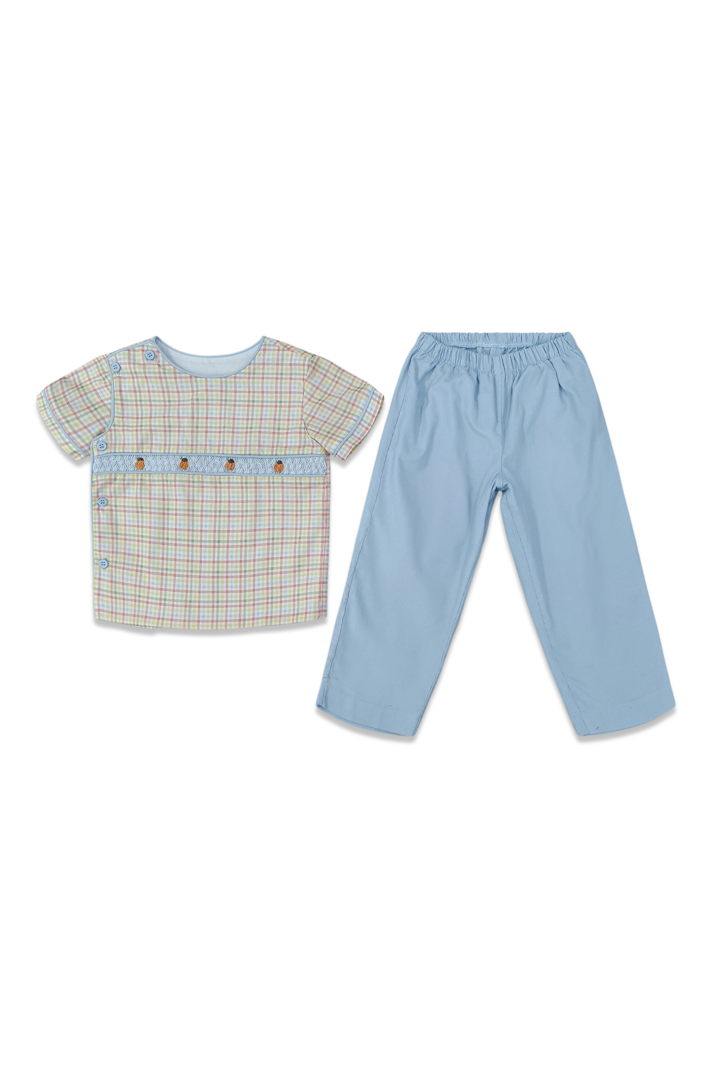 Smocked Beau Pant Set - Plaid Blue Corduroy