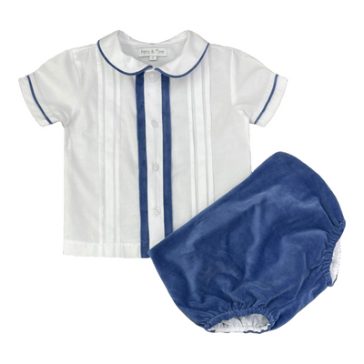 Boys Heirloom Bubble - White Batiste & Slate Blue Velvet