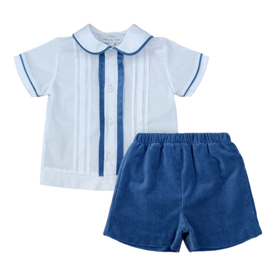 Boys Short Set - White Batiste & Slate Blue Velvet