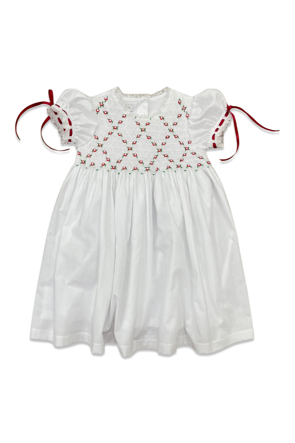 Heirloom Smocked Dress - White Batiste W/ Red & Green